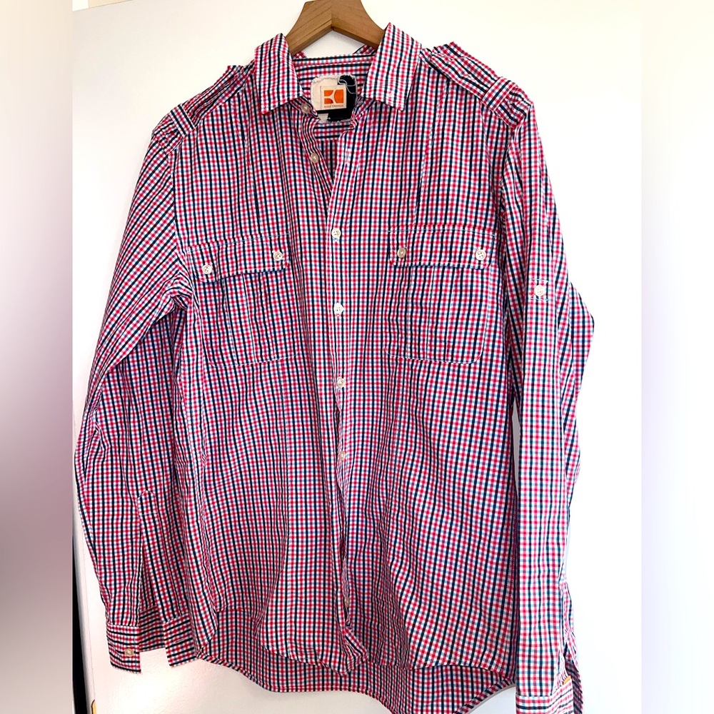 BOSS ORANGE red white & blue plaid button down crisp cotton shirt, size large